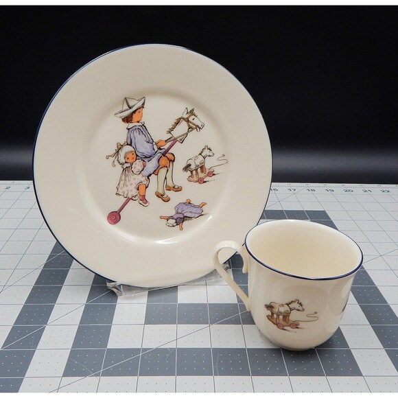 Lenox Special Children's Plate & Cup Set Silver Edge Porcelain Hobby Horse USA - Picture 1 of 8